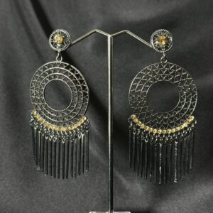 Oxidised Black Metal Hoop Earrings with Yellow Stone Detailing and Fringe Danglers