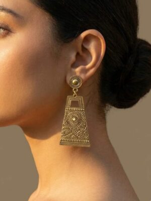 Antique Gold Geometric Dangle Earrings with Intricate Carvings