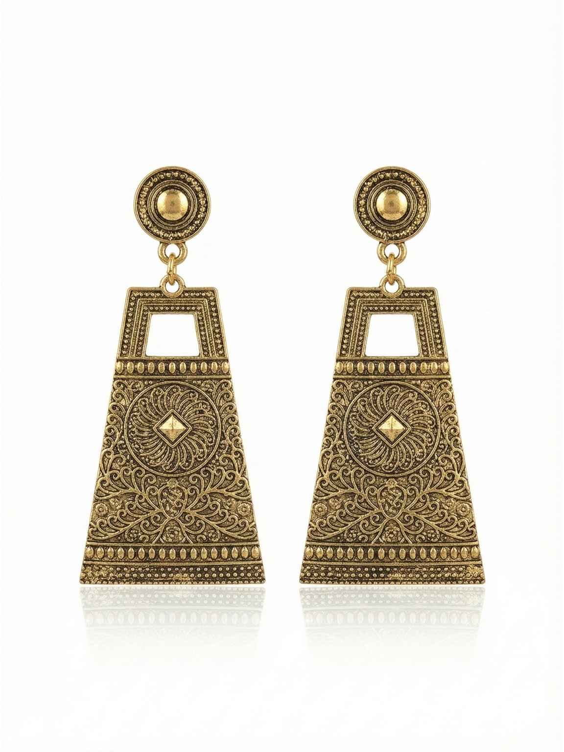 Antique Gold Geometric Dangle Earrings with Intricate Carvings