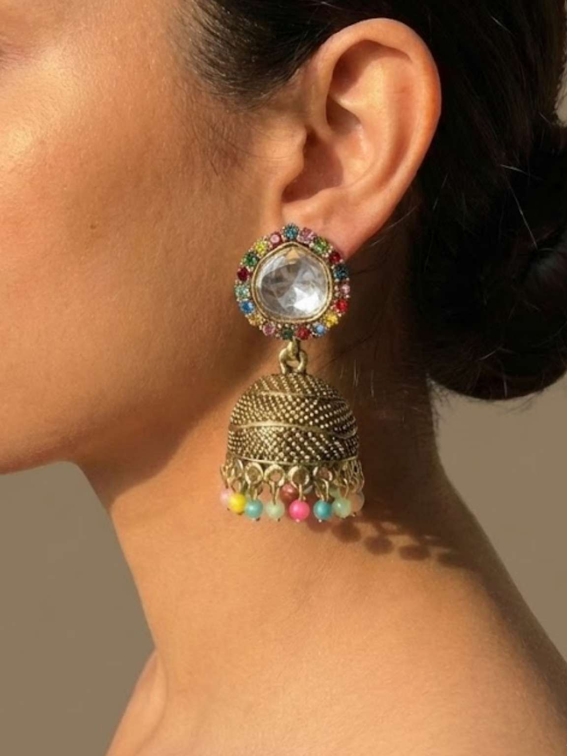 Antique Gold Multicolor Beaded Jhumka Earrings Antique Gold Multicolor Beaded Jhumka Earrings