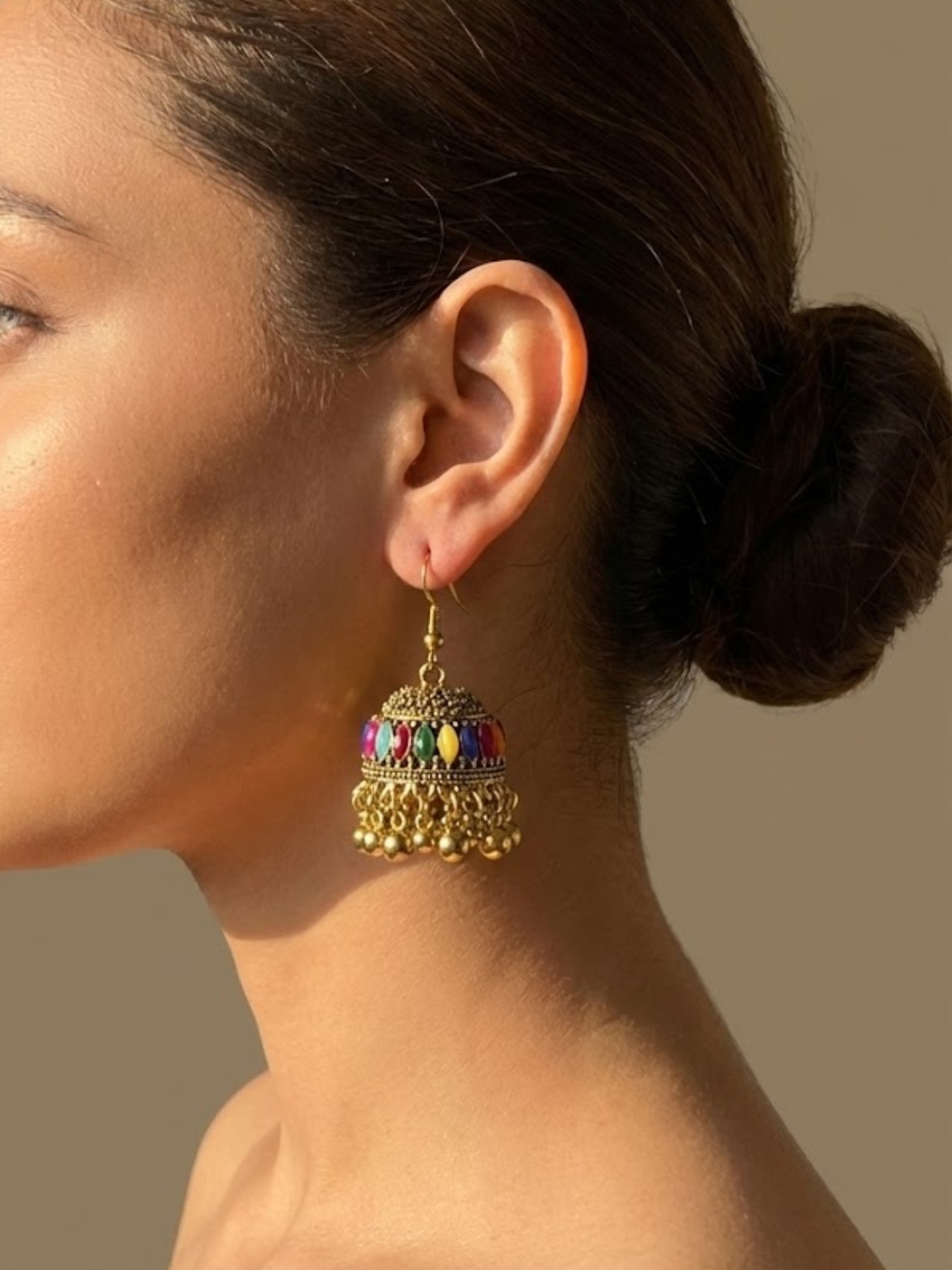 Antique Gold Multicolor Stone Jhumka Earrings