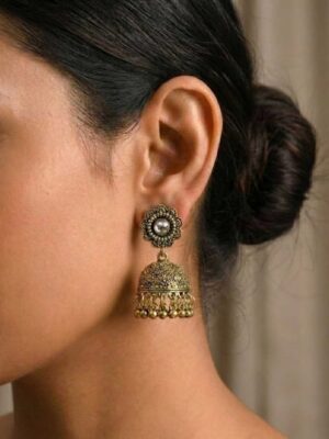 Antique Gold Tone Floral Engraved Dome Jhumka Earrings with Beaded Drops