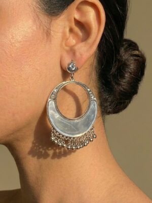 Chic Silver Crescent Hoop Earrings with Beaded Dangling Accents