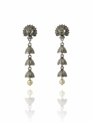 Elegant Oxidised Silver Multi-Layered Dangle Earrings