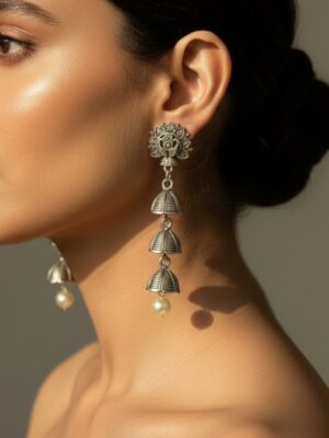 Elegant Oxidised Silver Multi-Layered Dangle Earrings with Bead Drop