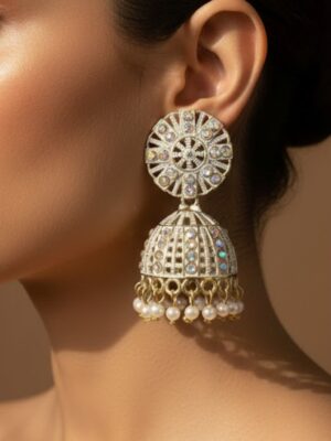 Elegant Stone-Studded Jhumka Earrings with Pearl Drops