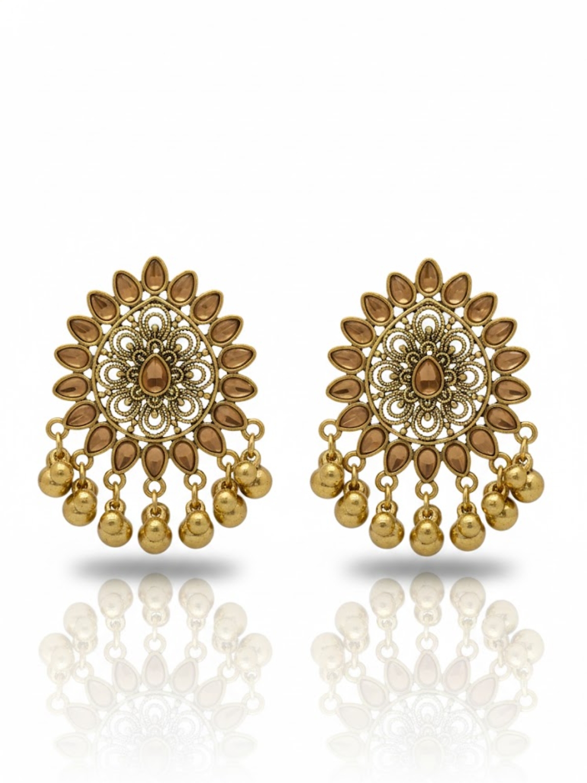Golden Chandbali Earrings with Stone Work and Beaded Dangler