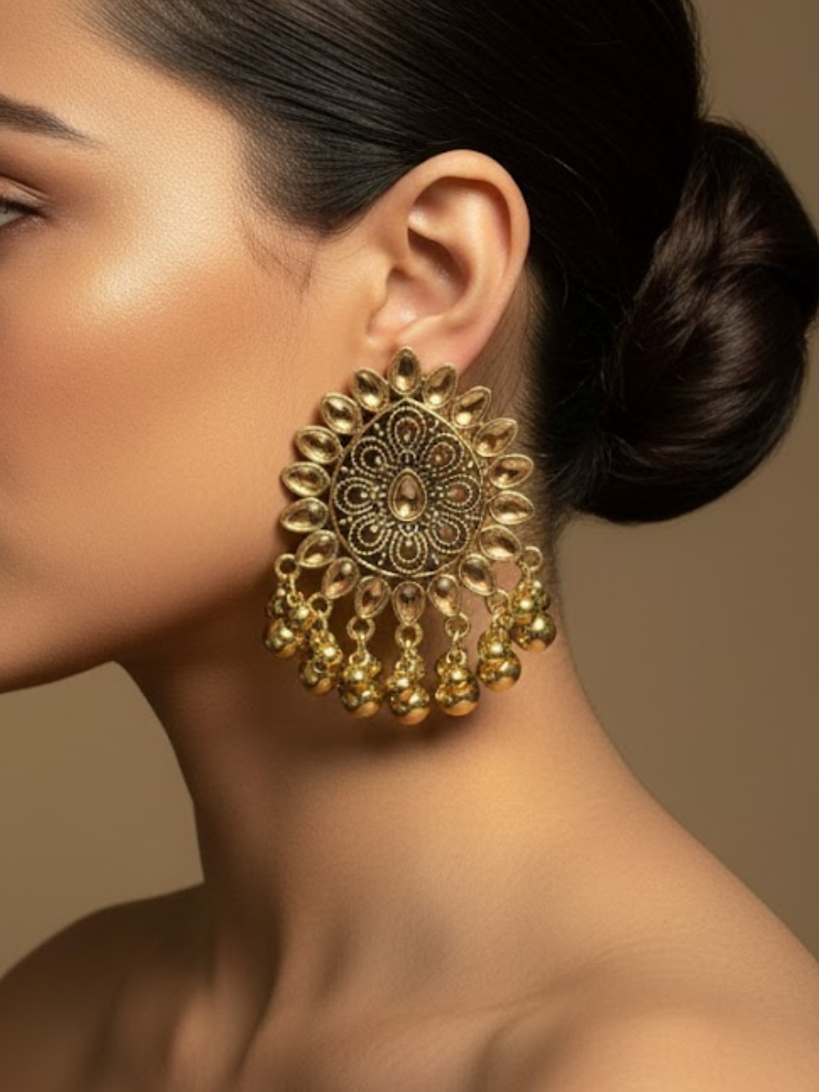 Golden Chandbali Earrings with Stone Work and Beaded Danglers Golden Chandbali Earrings with Stone Work and Beaded Danglers