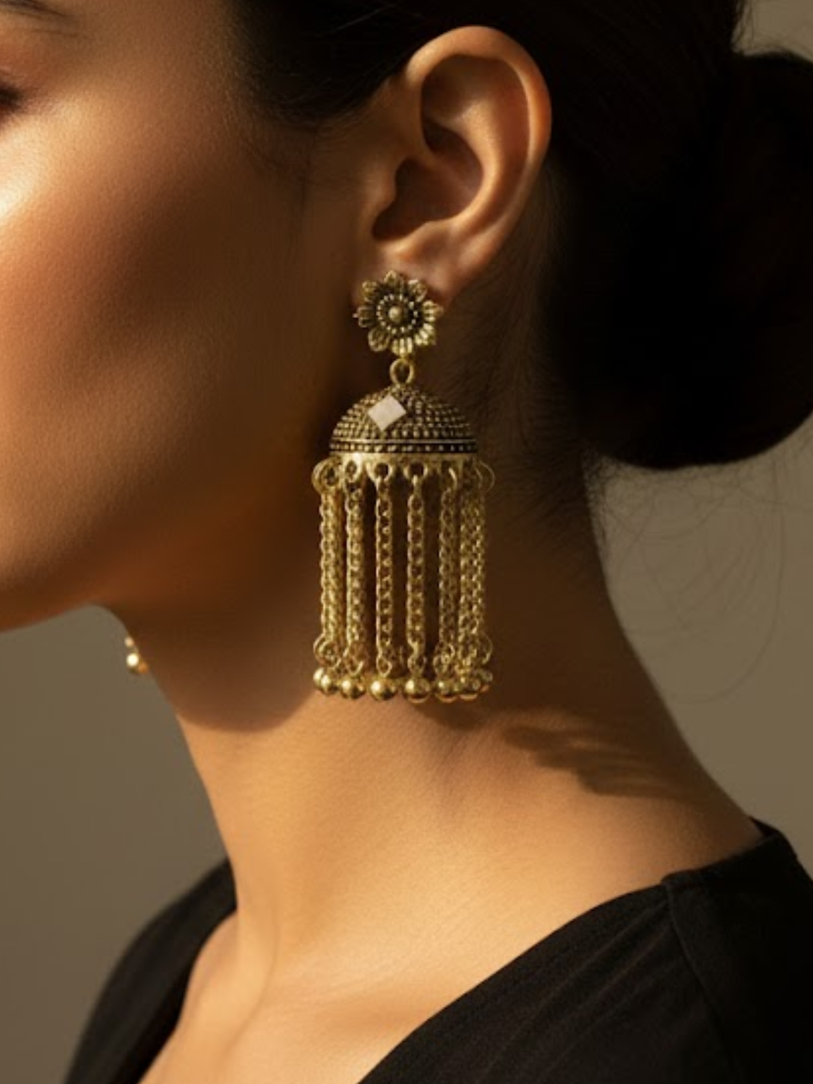 Golden Tassel Dome Earrings with Chain Danglers Golden Tassel Dome Earrings with Chain Danglers