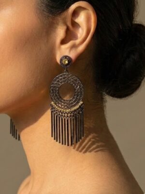 Oxidised Black Metal Hoop Earrings with Yellow Stone Detailing and Fringe Danglers