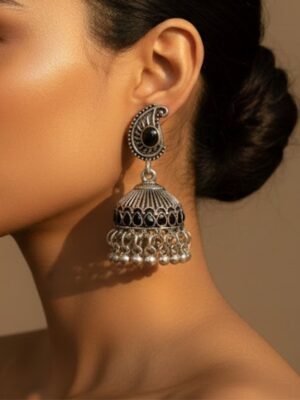 Oxidized Silver Black Stone Jhumka Earrings