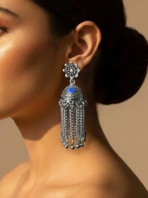Oxidized Silver Chain Tassel Jhumka Earrings