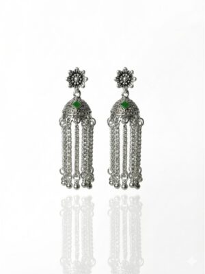 Oxidized Silver Green Stone Tassel Jhumka