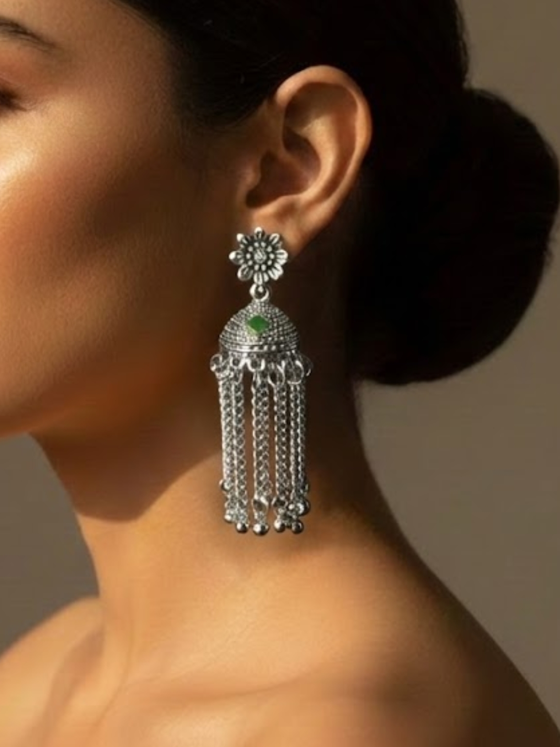 Oxidized Silver Green Stone Tassel Jhumka Earrings Oxidized Silver Green Stone Tassel Jhumka Earrings
