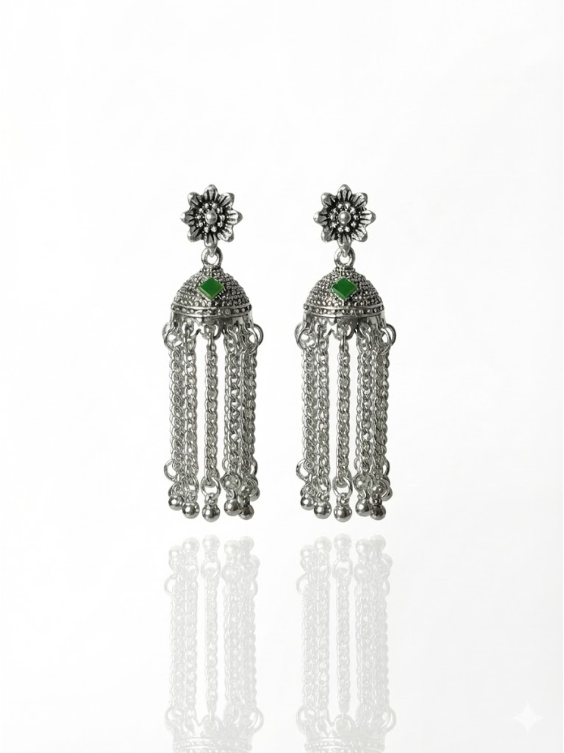 Oxidized Silver Green Stone Tassel Jhumka