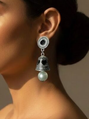 Oxidized Silver Heart Jhumka with Pearl Drop