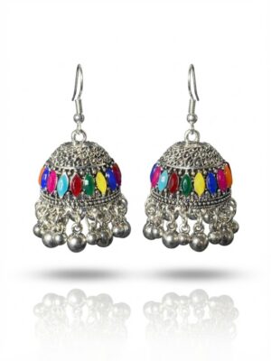 Oxidized Silver Multicolor Stone Jhumka