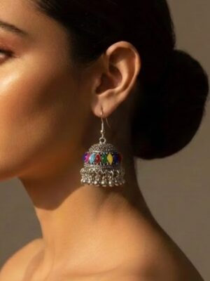 Oxidized Silver Multicolor Stone Jhumka Earrings