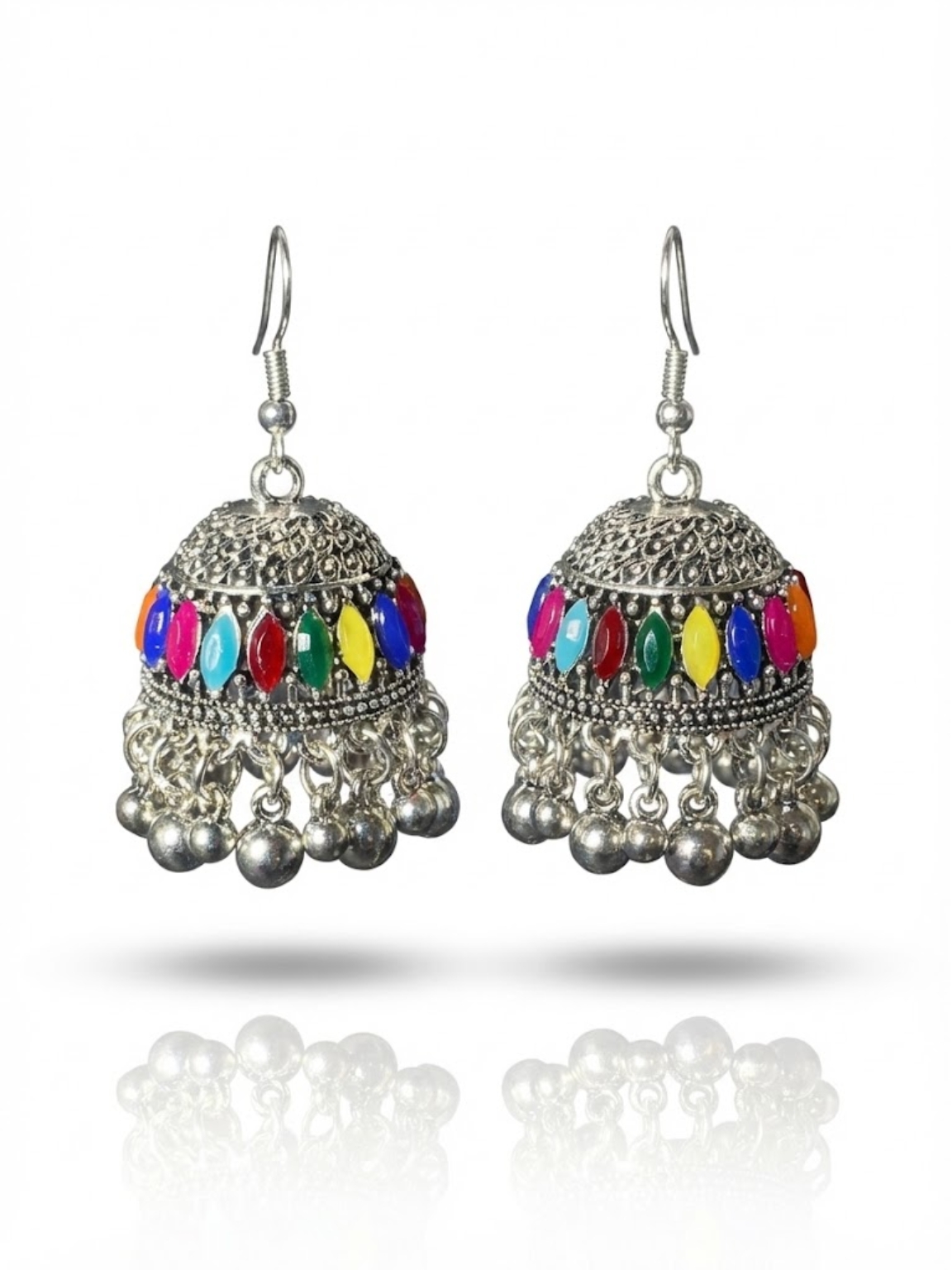 Oxidized Silver Multicolor Stone Jhumka