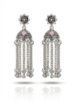 Oxidized Silver Pink Stone Tassel Jhumka