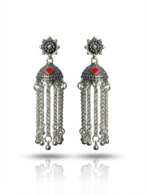 Oxidized Silver Red Stone Tassel Jhumka