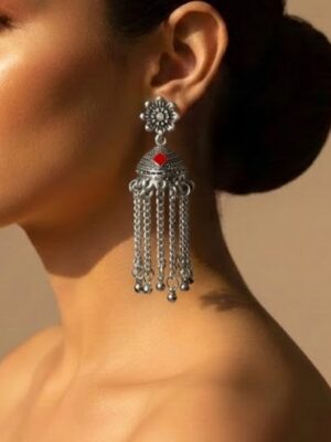Oxidized Silver Red Stone Tassel Jhumka Earrings