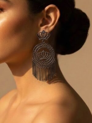 Royal Black Metal Crown Earrings with Fringe Detailing