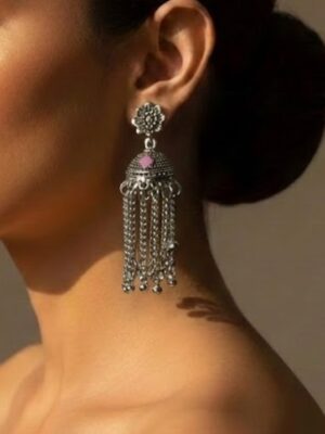 Silver Dome Jhumka Earrings with Long Chain Tassels