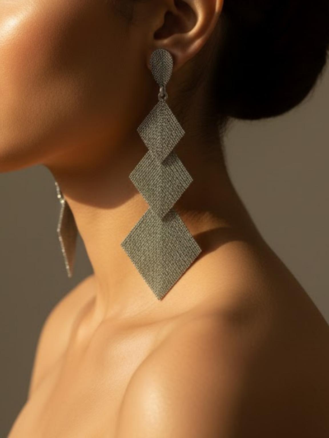 Silver Geometric Mesh Long Drop Earrings Silver Geometric Mesh Long Drop Earrings