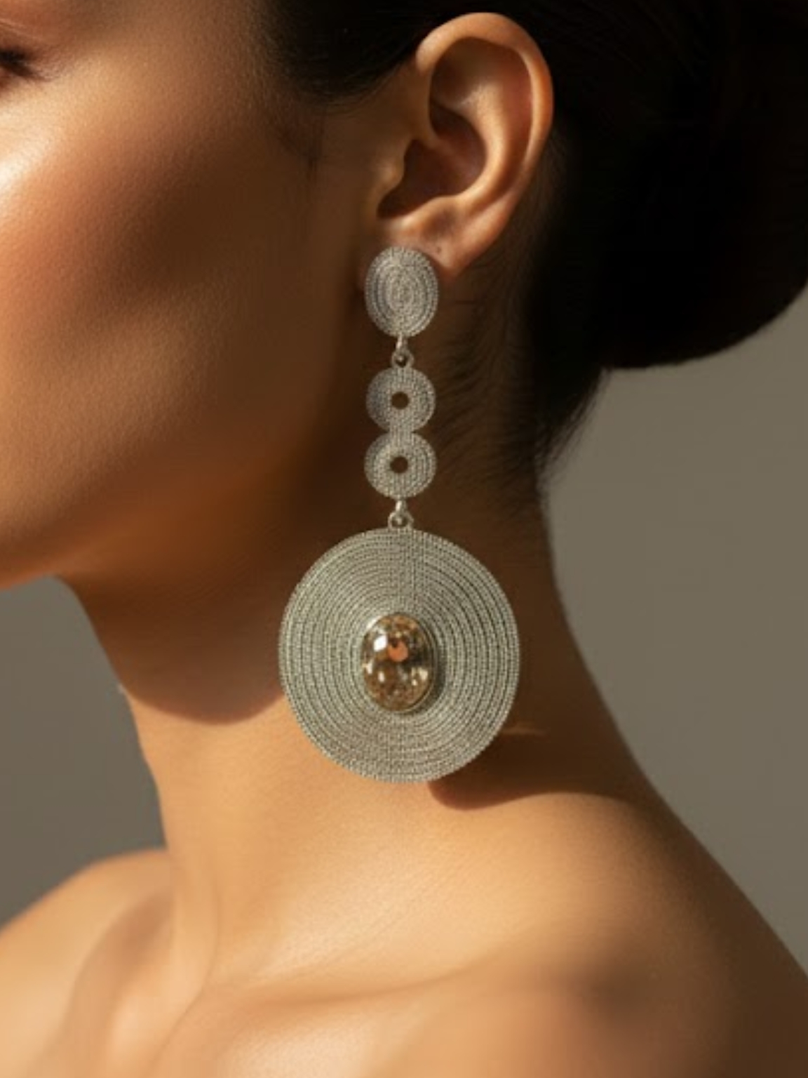 Silver Long Dangling Geometric Earrings with Yellow Stone Accent Silver Long Dangling Geometric Earrings with Yellow Stone Accent