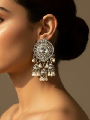 Silver Mirror Stud with Hanging Pearl Jhumka Earrings
