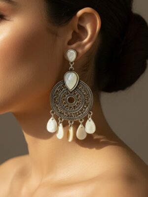 Statement Oxidised Silver Earrings with Circular Design and Shell Danglers