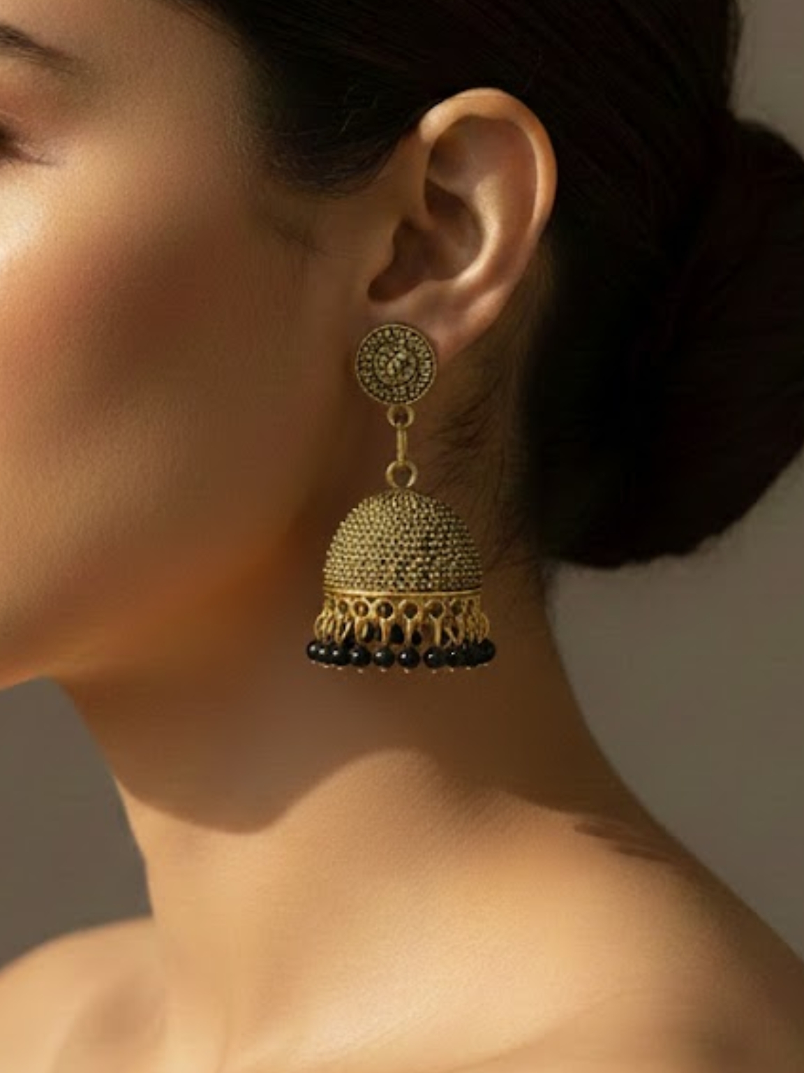 Traditional Golden Black Beaded Jhumka Earrings Traditional Golden Black Beaded Jhumka Earrings