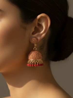 Traditional Golden Orange-Red Beaded Jhumka Earrings