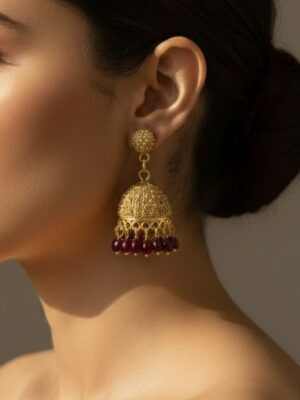 Traditional Golden Red Beaded Jhumka Earrings