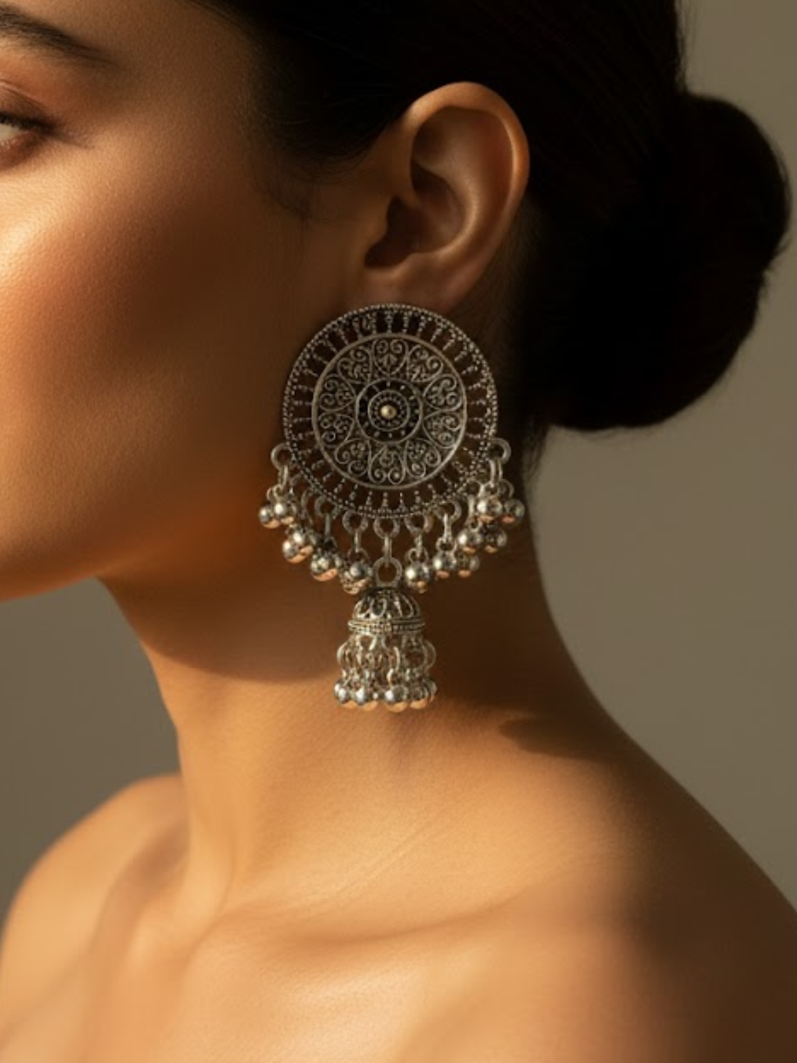 Traditional Oxidised Silver Round Dome Jhumka Earrings Traditional Oxidised Silver Round Dome Jhumka Earrings