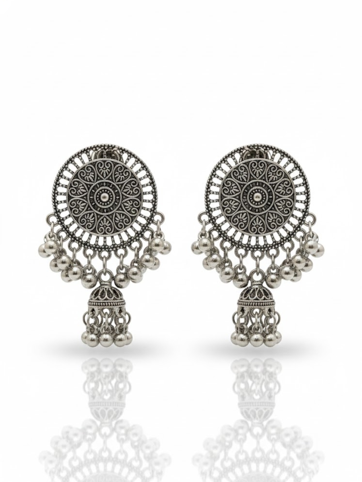 Traditional Oxidised Silver Round Dome Jhumka