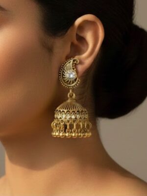 Traditional Stone-Studded Dome Jhumkas with Golden Beads