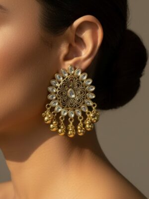 White Stone Chandbali Earrings with Golden Beads